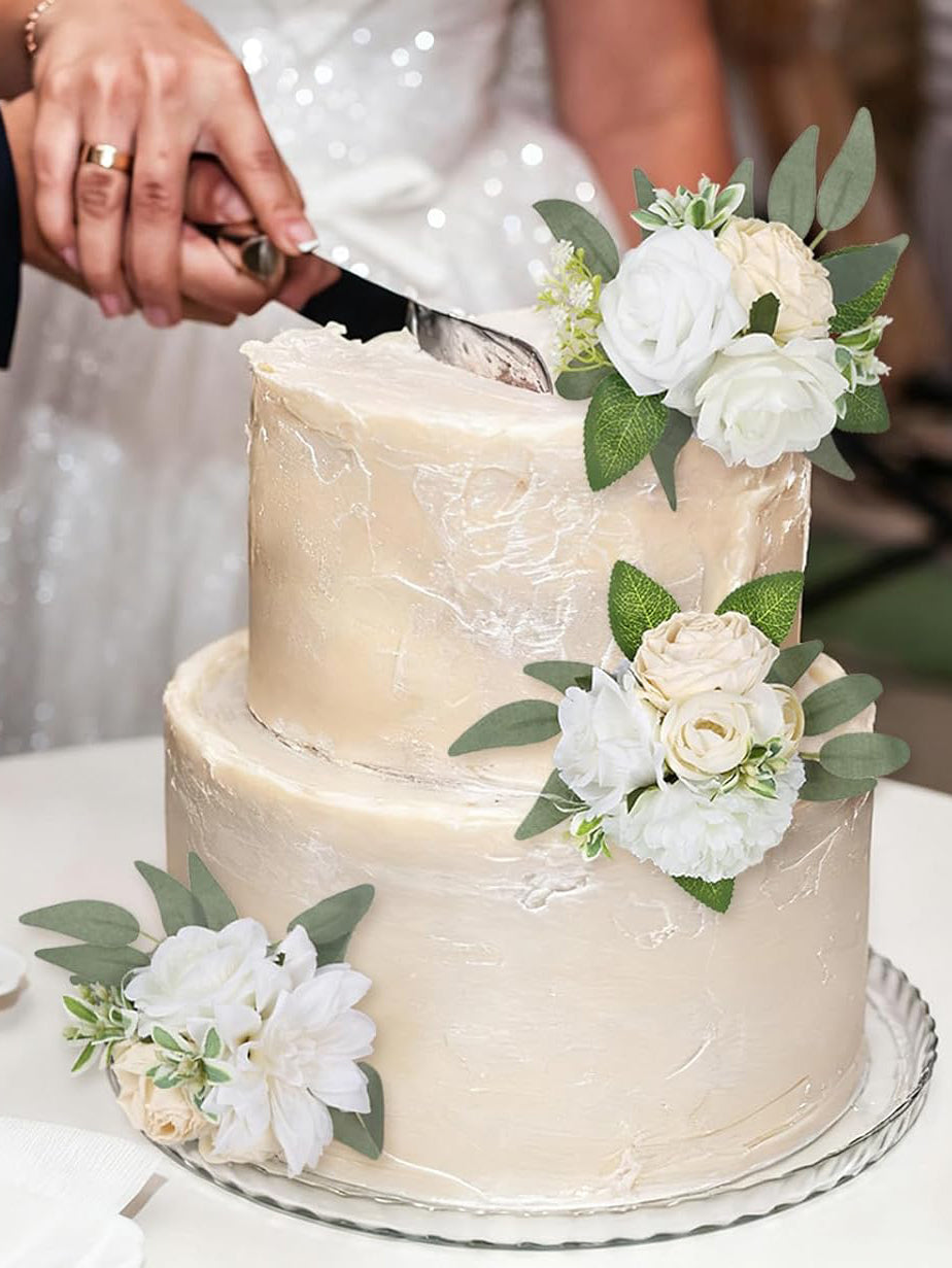 White Green Wedding Cake Toppers Floral Decorations 3Pcs