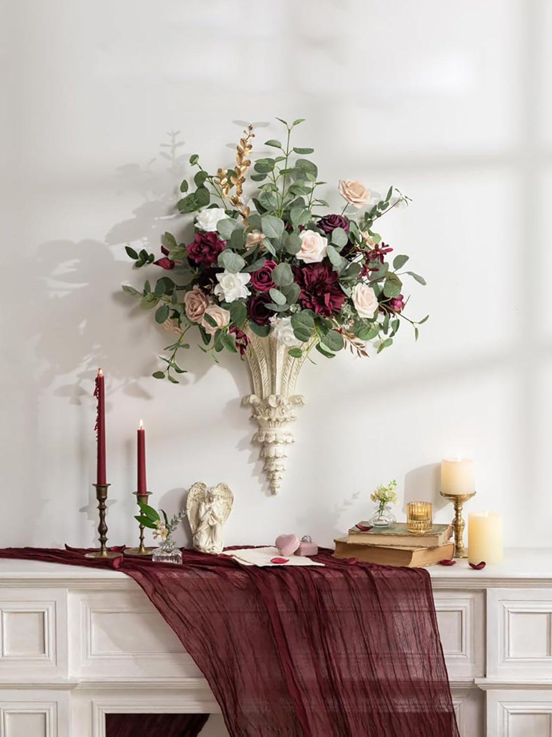 Burgundy Artificial Flowers 9pcs Silk Dahlia 5.5"/4.5" DIY Box