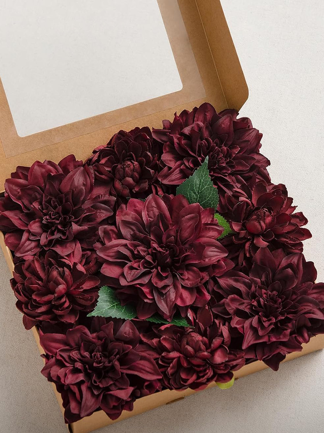 Burgundy Artificial Flowers 9pcs Silk Dahlia 5.5"/4.5" DIY Box