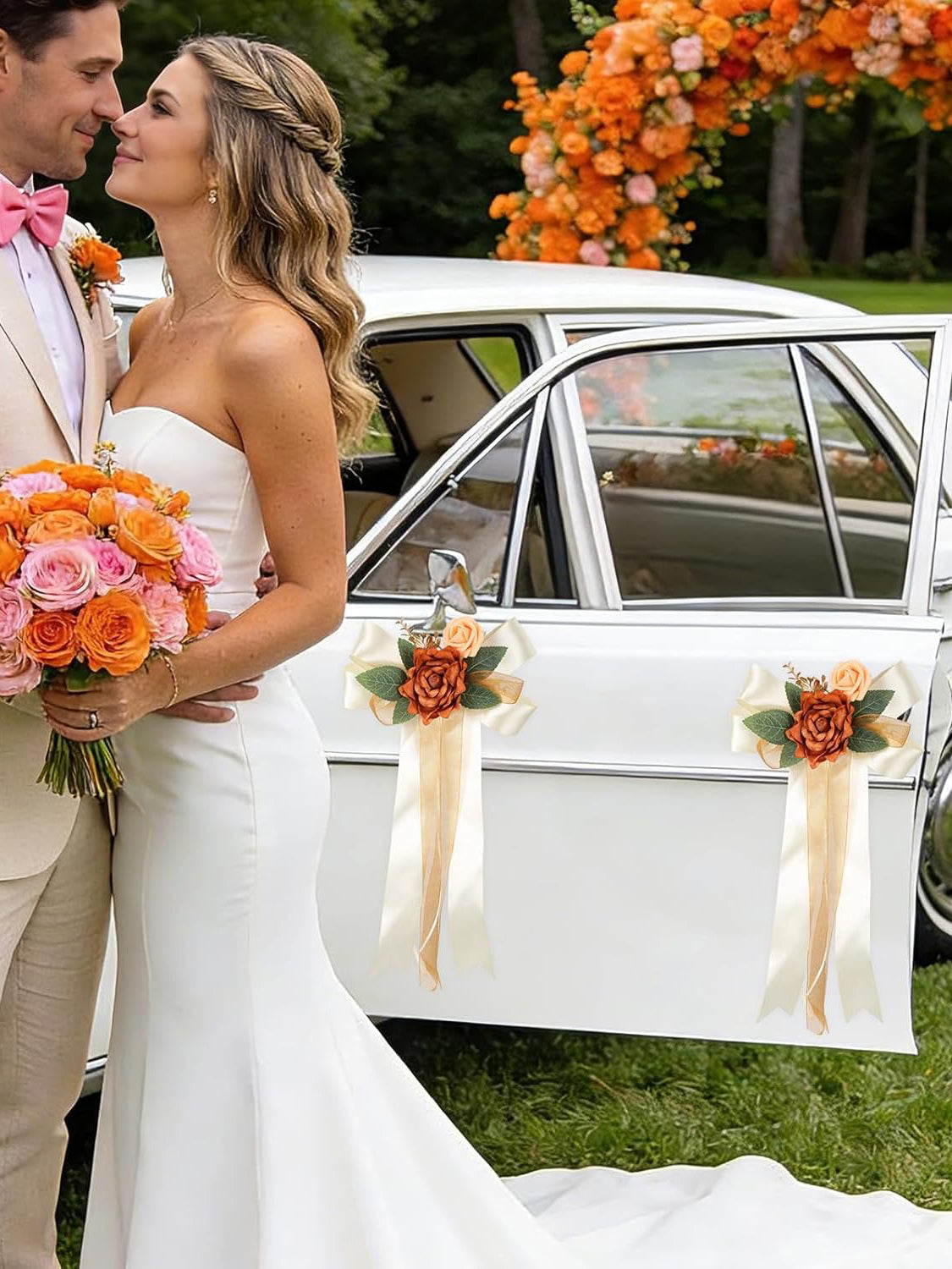 Orange 4PCS Wedding Car Door Handle Decorative Flowers