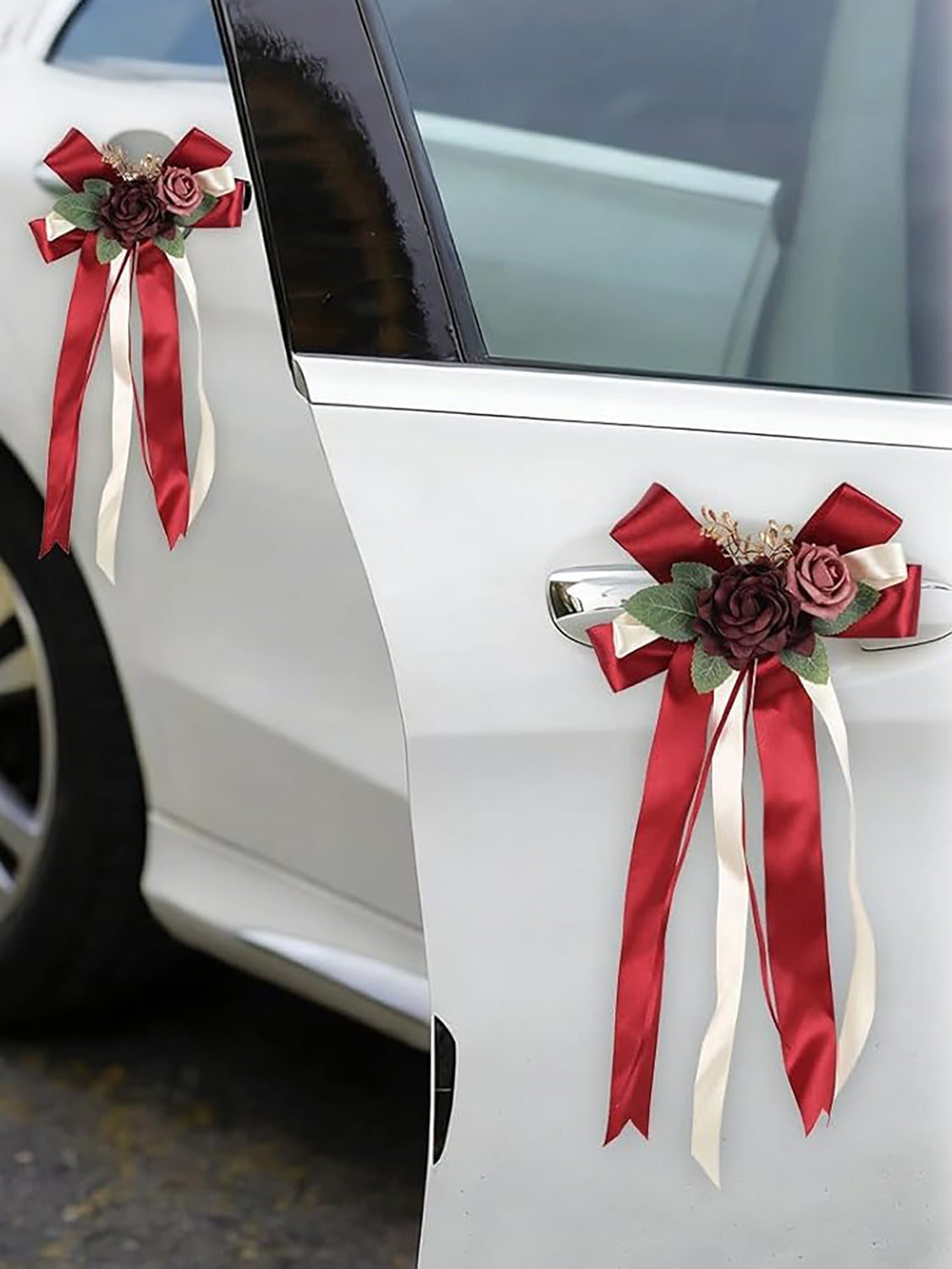 Burgundy 4PCS Wedding Car Door Handle Decorative Flowers