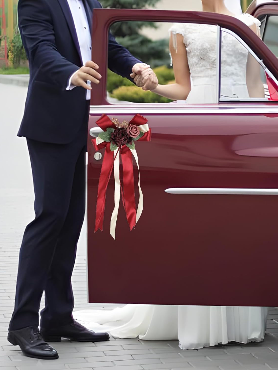 Burgundy 4PCS Wedding Car Door Handle Decorative Flowers