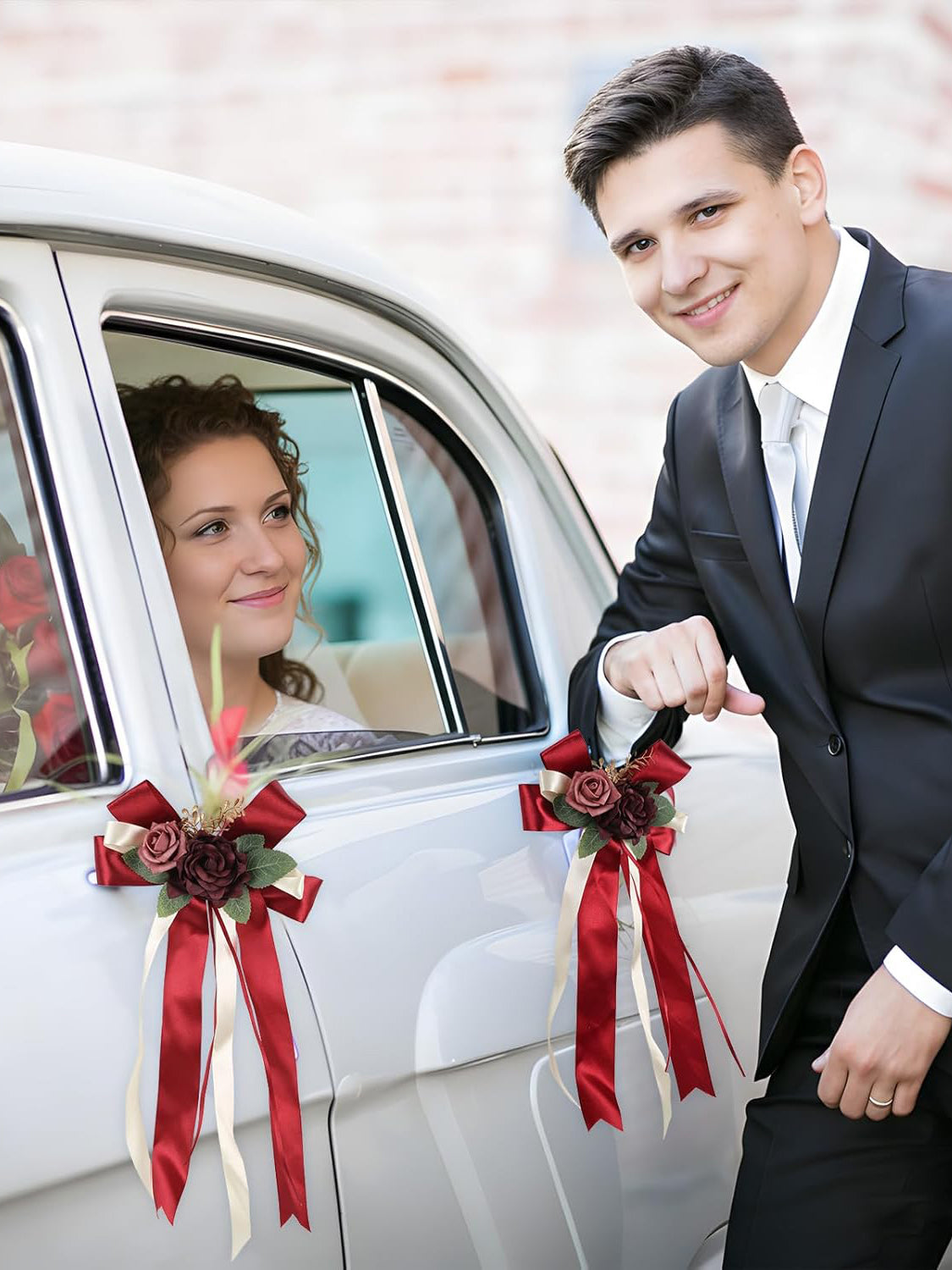 Burgundy 4PCS Wedding Car Door Handle Decorative Flowers