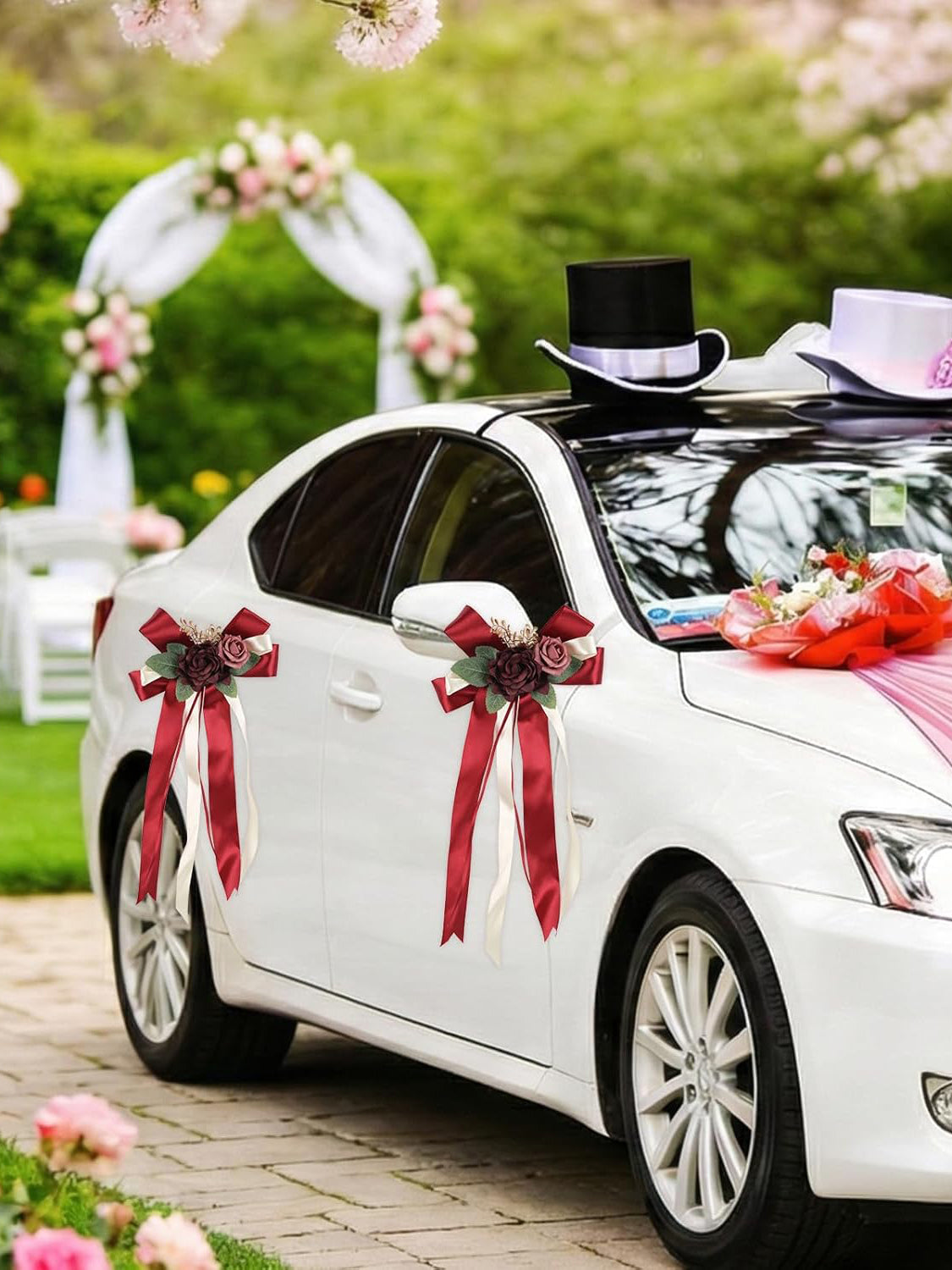 Burgundy 4PCS Wedding Car Door Handle Decorative Flowers