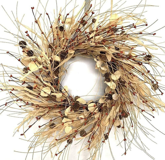 Fall Harvest Wreath - 24" Raffia, Eucalyptus, Berries, Pinecones
