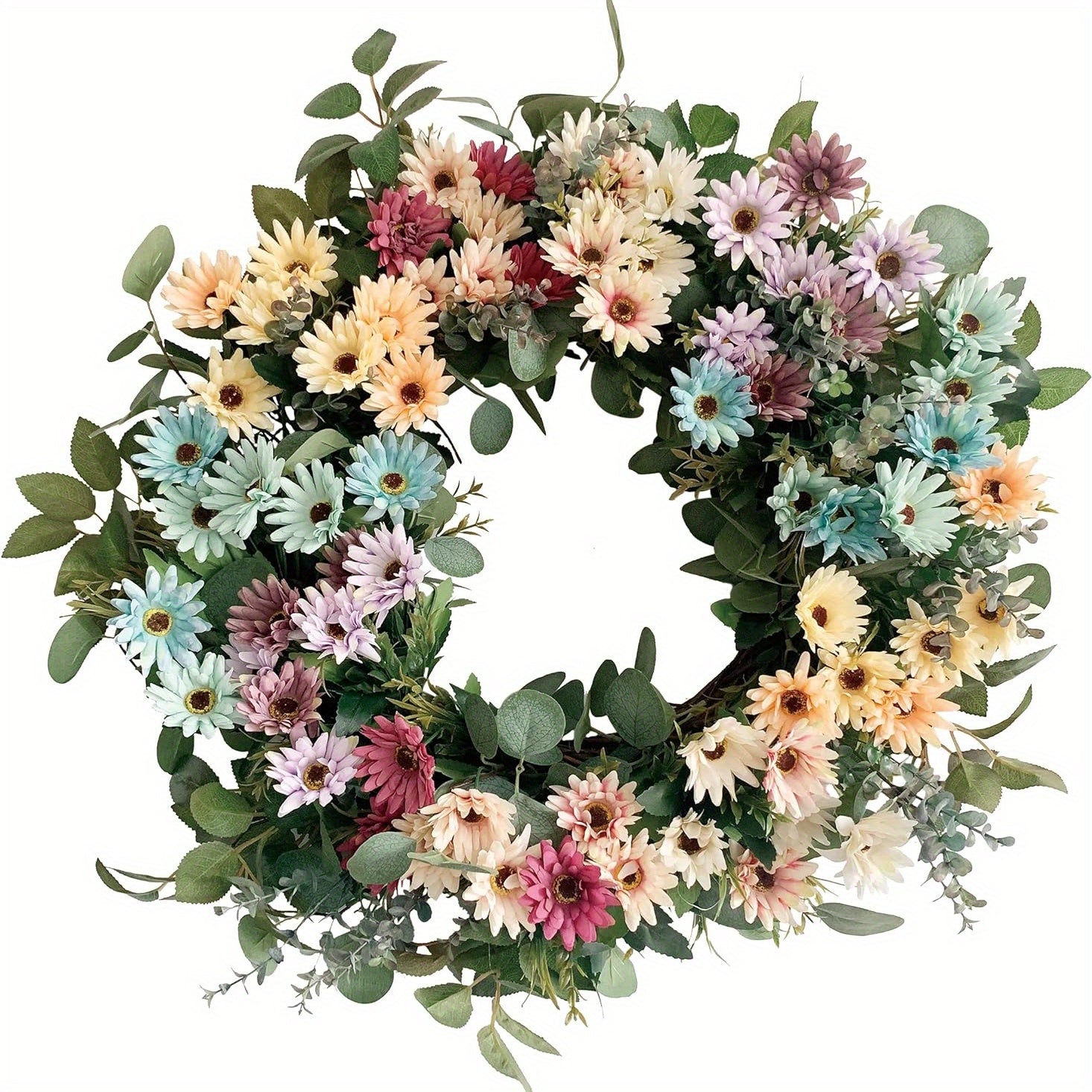 24 Inch Summer Front Door Wreath Artificial Cosmos Daisy Flower Wreath Colorful Blossom Foliage Wreath Spring Wreaths for Front Door on Grapevine Base for Festival Celebration Window Home Decor