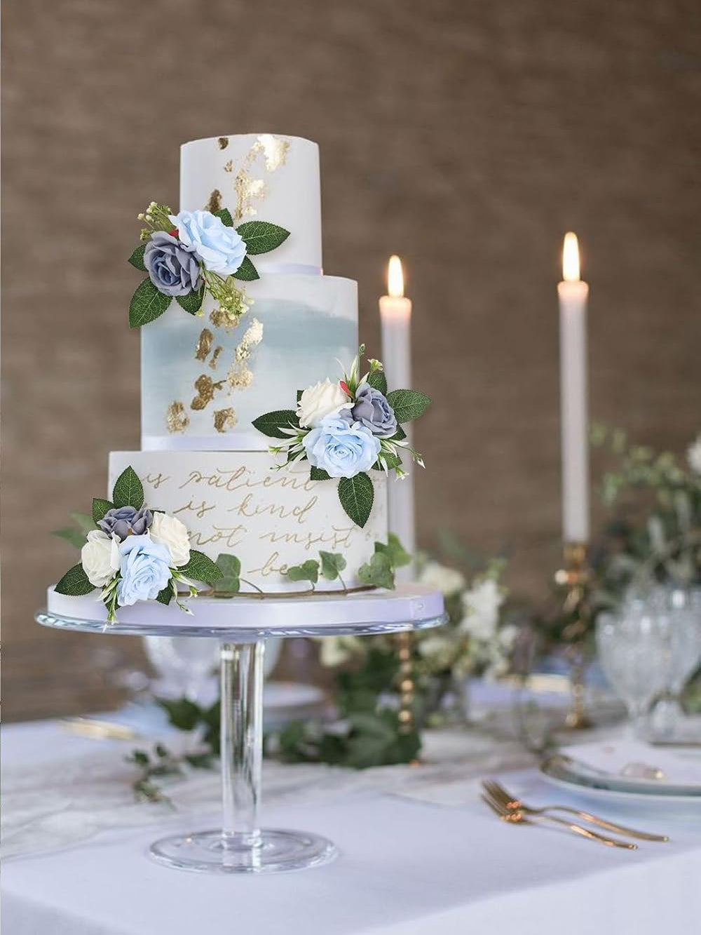 White&Blue 3-Piece Blue Fake Flowers Wedding Cake Toppers for Decor