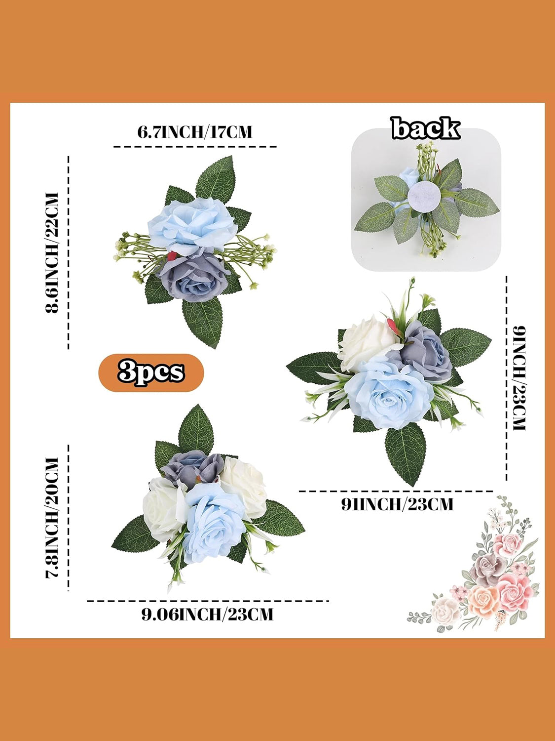 White&Blue 3-Piece Blue Fake Flowers Wedding Cake Toppers for Decor