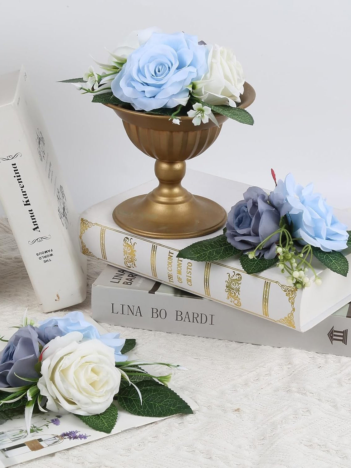 White&Blue 3-Piece Blue Fake Flowers Wedding Cake Toppers for Decor