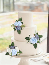 White&Blue 3-Piece Blue Fake Flowers Wedding Cake Toppers for Decor