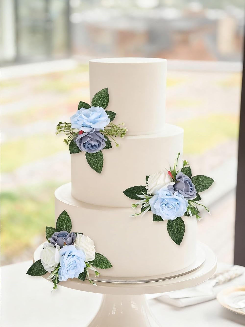 White&Blue 3-Piece Blue Fake Flowers Wedding Cake Toppers for Decor