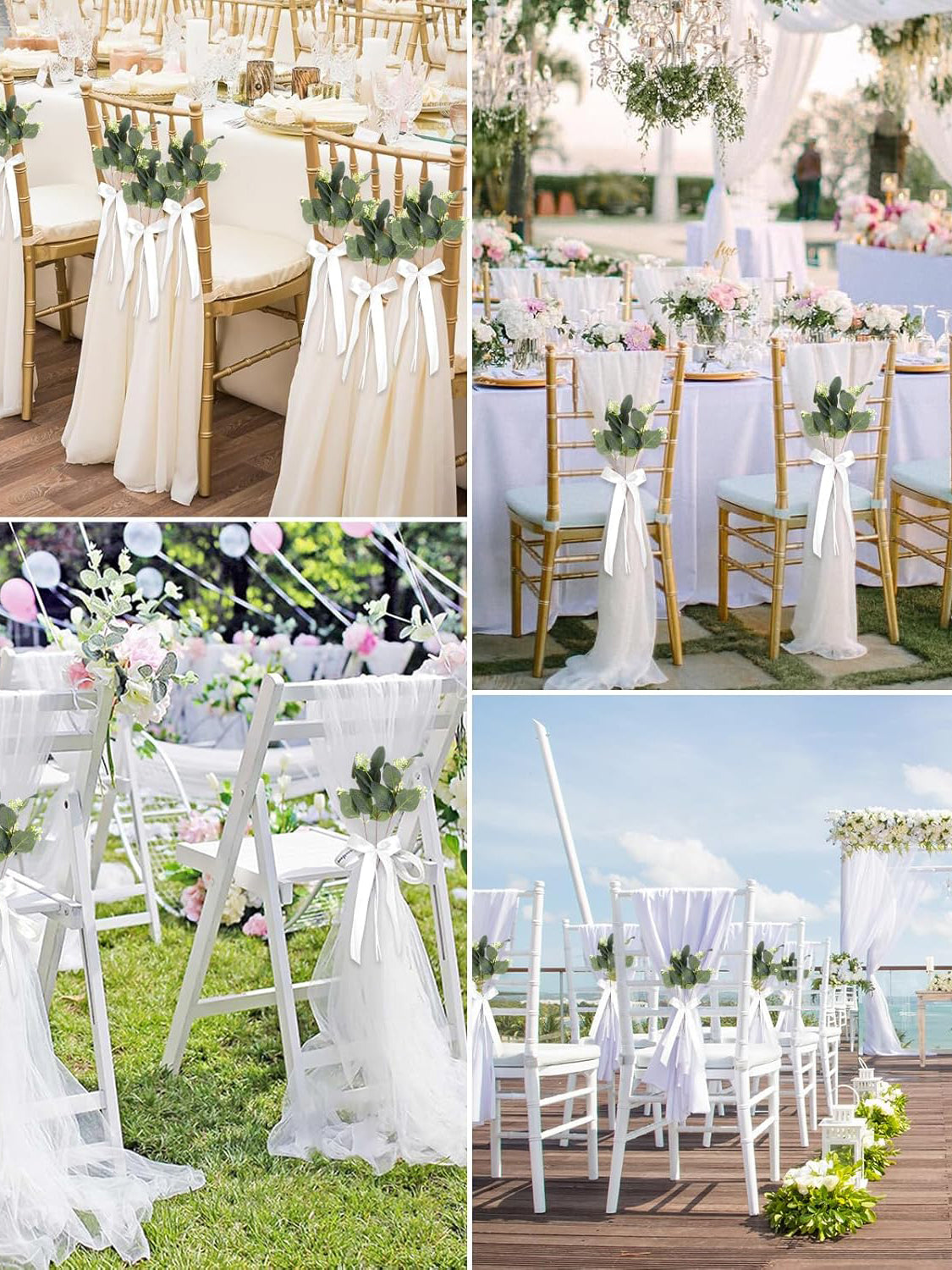 Elegant White 24 Sets Wedding White Ribbon Eucalyptus Aisle Eucalyptus Decorations