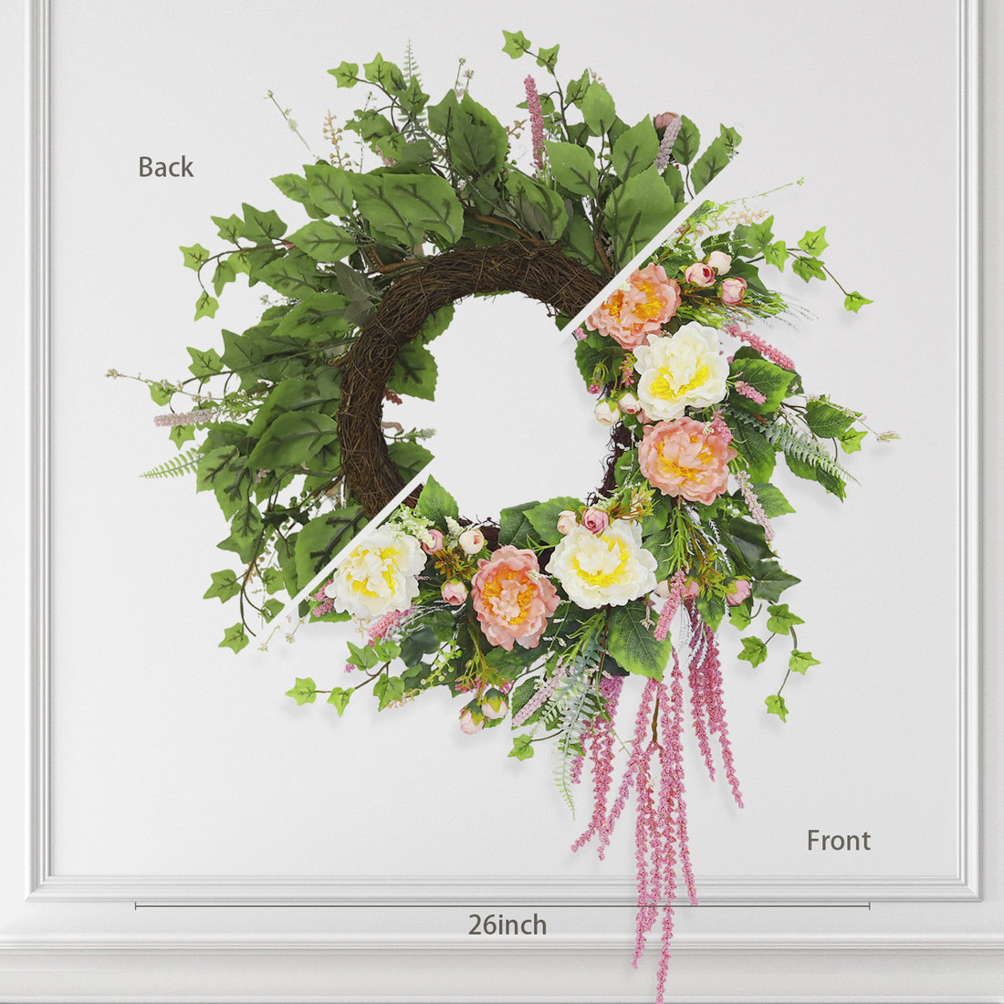 26 Inch Spring Wreaths for Front Door, Seasonal Wreath, Large Peony Flower Summer Door Wreaths with Green Leaves, Artificial Decor Decorations for Outdoor, Indoors, Valentine, Wedding