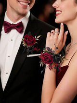 Burgundy Corsage and Boutonniere 2 Set