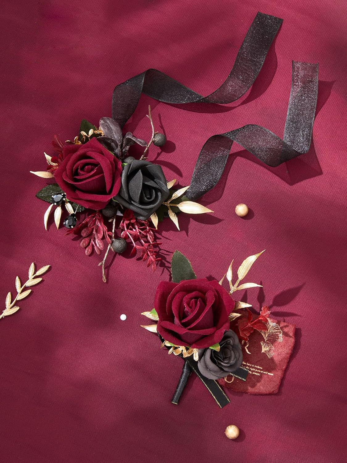 Burgundy Corsage and Boutonniere 2 Set