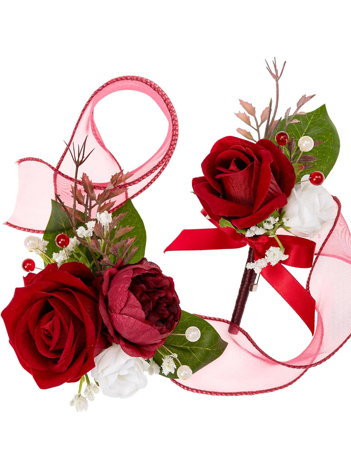 Red Faux Rose Artificial Peony Corsage and Boutonniere Set 2