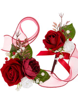 Red Faux Rose Artificial Peony Corsage and Boutonniere Set 2