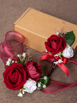 Red Faux Rose Artificial Peony Corsage and Boutonniere Set 2