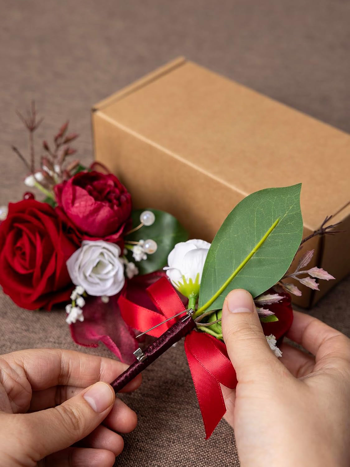 Red Faux Rose Artificial Peony Corsage and Boutonniere Set 2