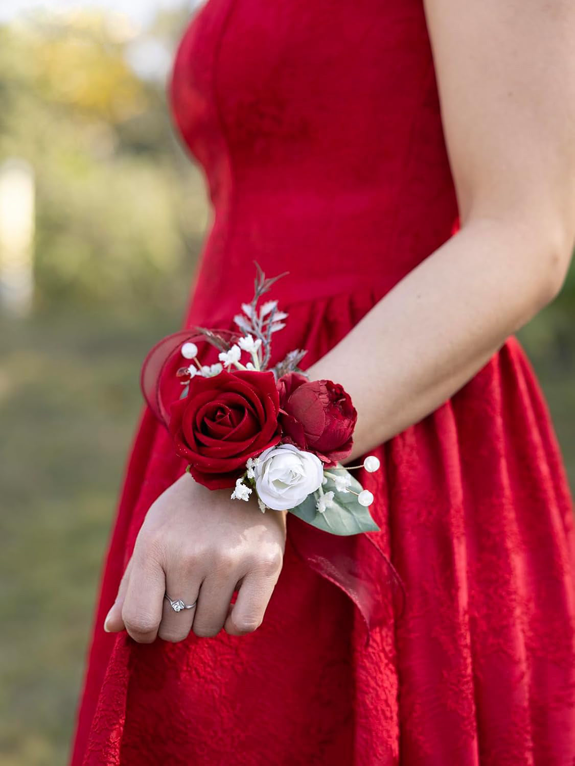 Red Faux Rose Artificial Peony Corsage and Boutonniere Set 2