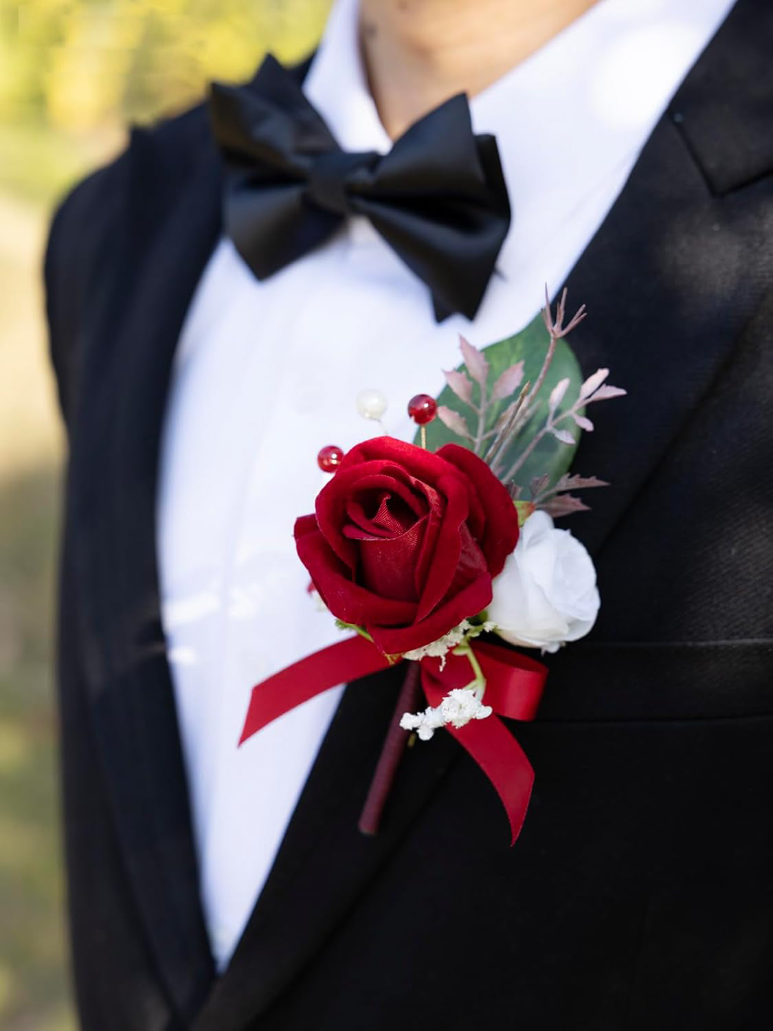Red Faux Rose Artificial Peony Corsage and Boutonniere Set 2