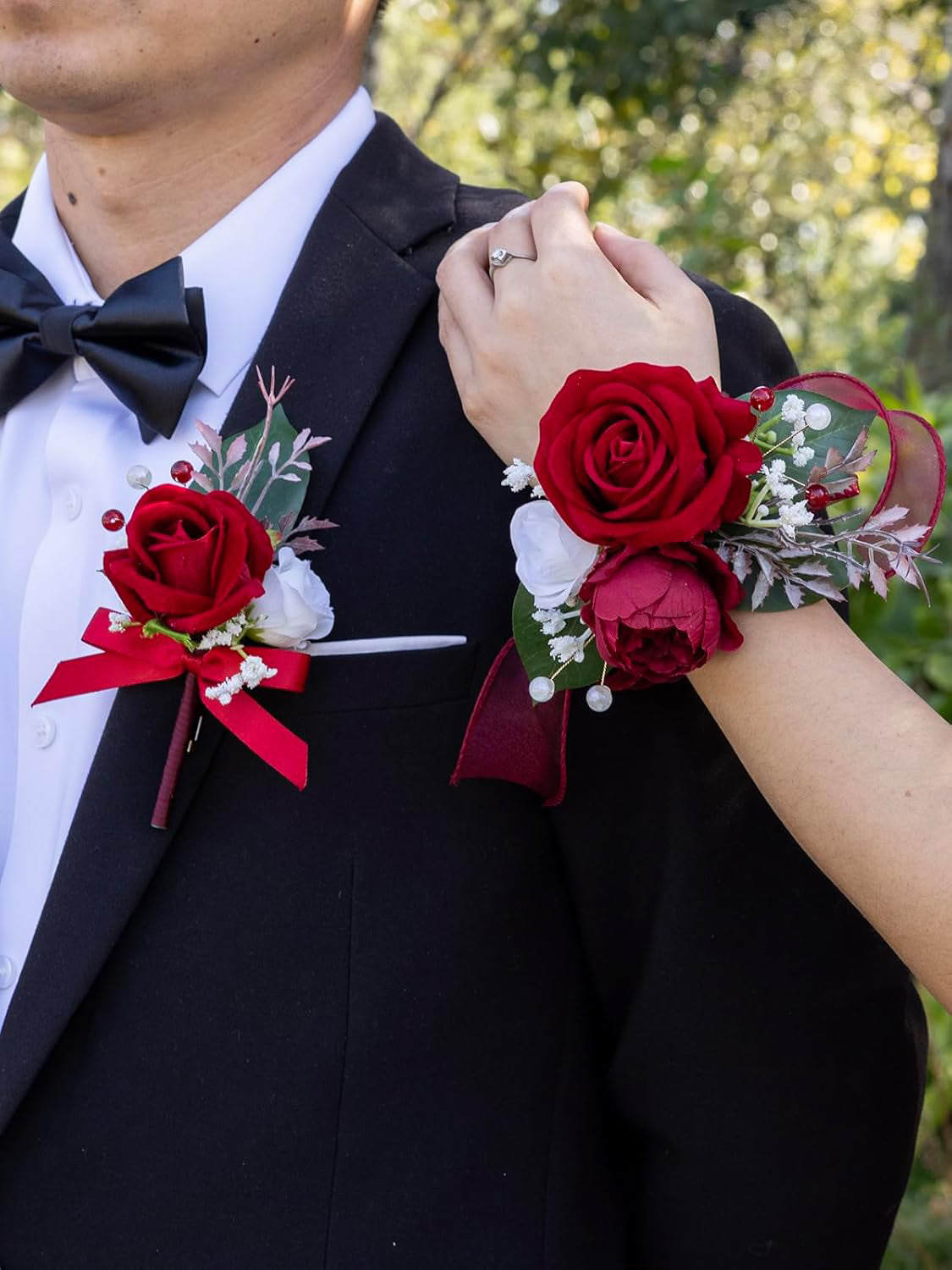 Red Faux Rose Artificial Peony Corsage and Boutonniere Set 2