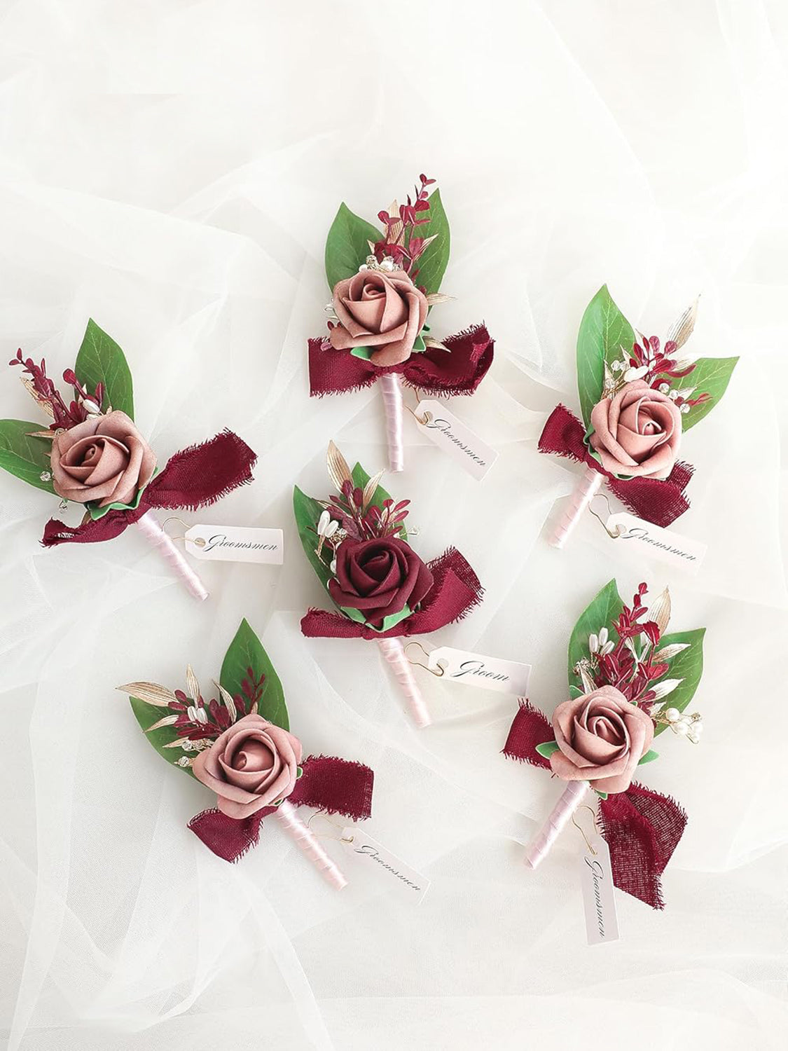 Dusty Rose & Burgundy Foam Rose Boutonnieres Set of 6