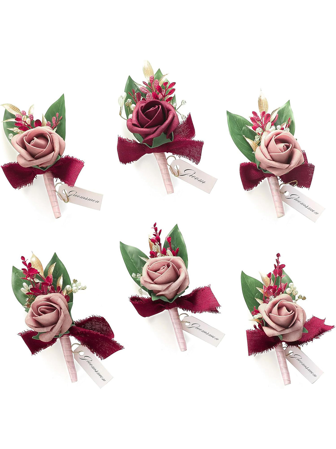 Dusty Rose & Burgundy Foam Rose Boutonnieres Set of 6