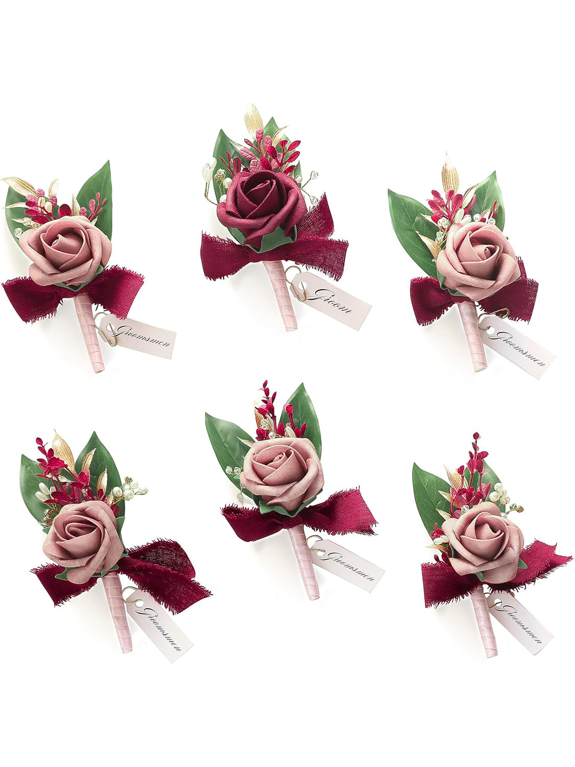 Dusty Rose & Burgundy Foam Rose Boutonnieres Set of 6