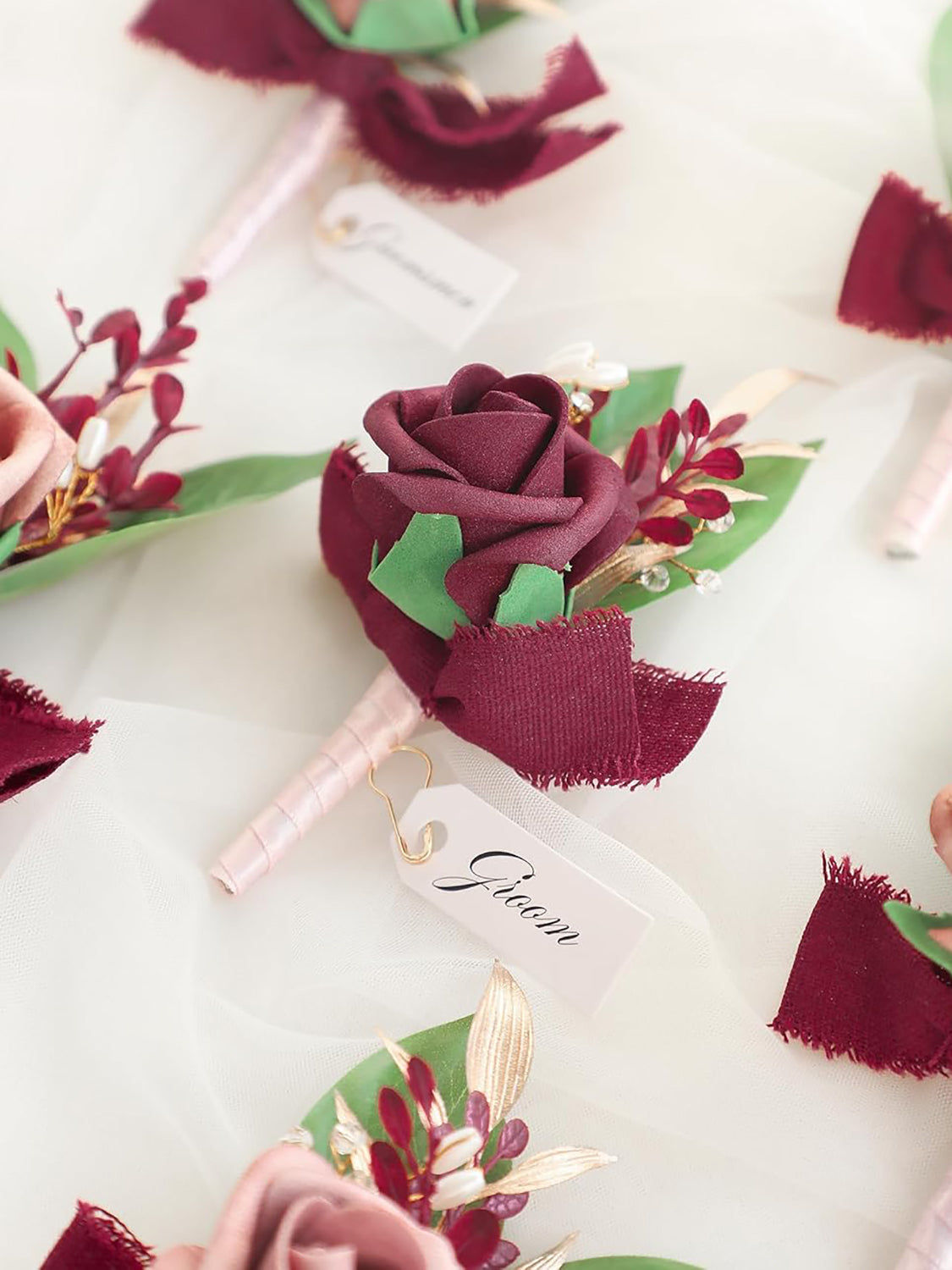 Dusty Rose & Burgundy Foam Rose Boutonnieres Set of 6