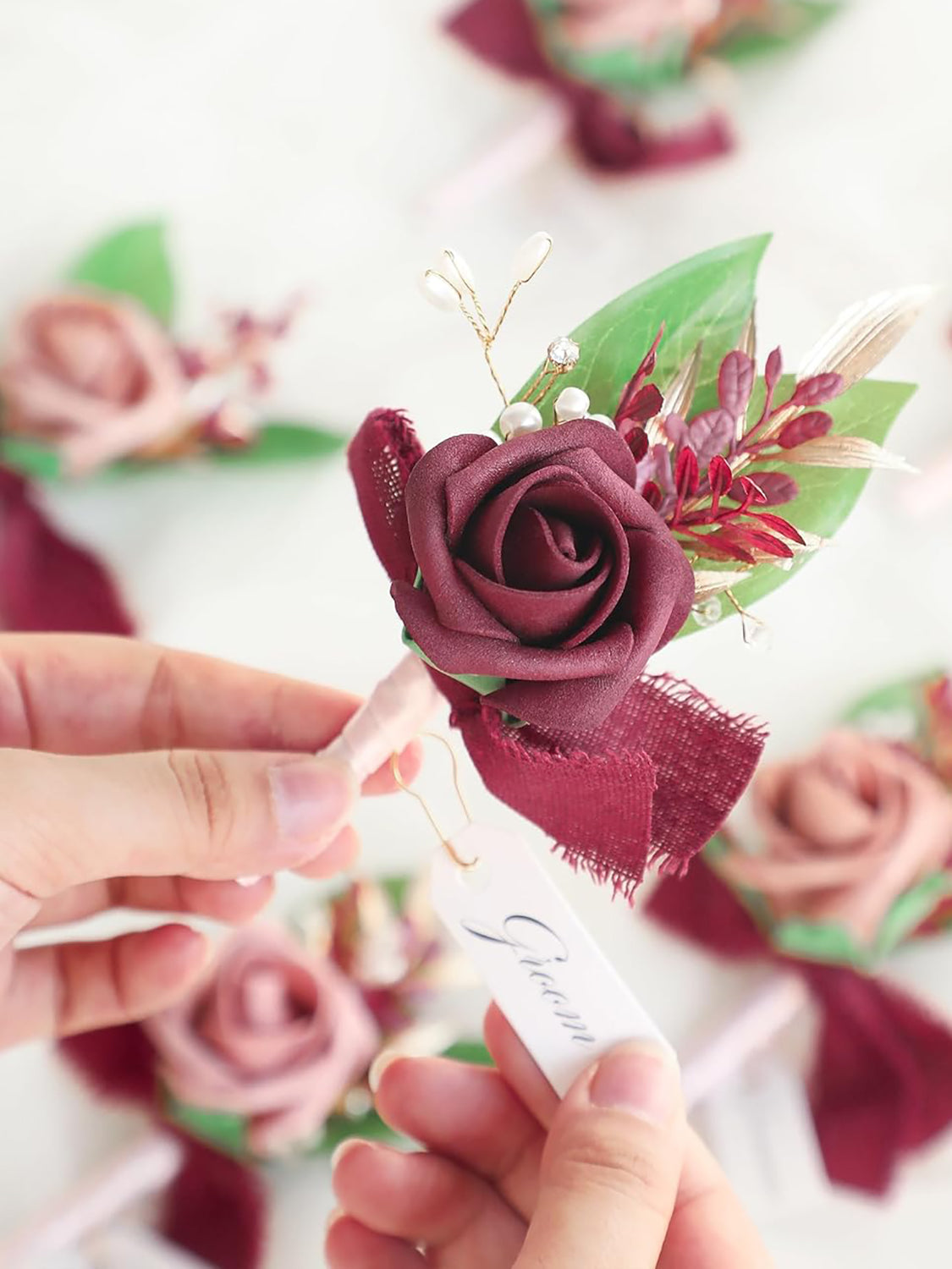 Dusty Rose & Burgundy Foam Rose Boutonnieres Set of 6