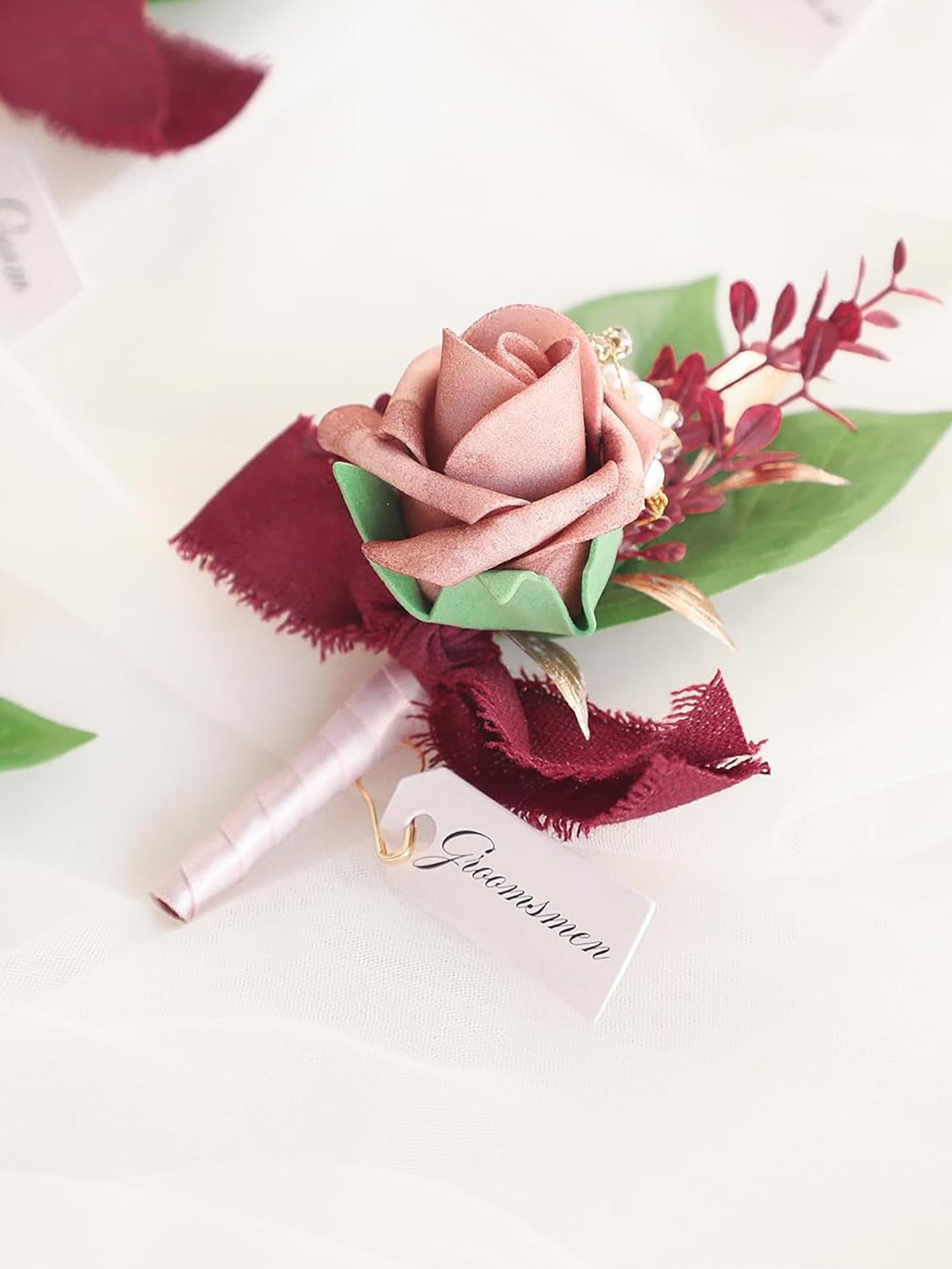Dusty Rose & Burgundy Foam Rose Boutonnieres Set of 6