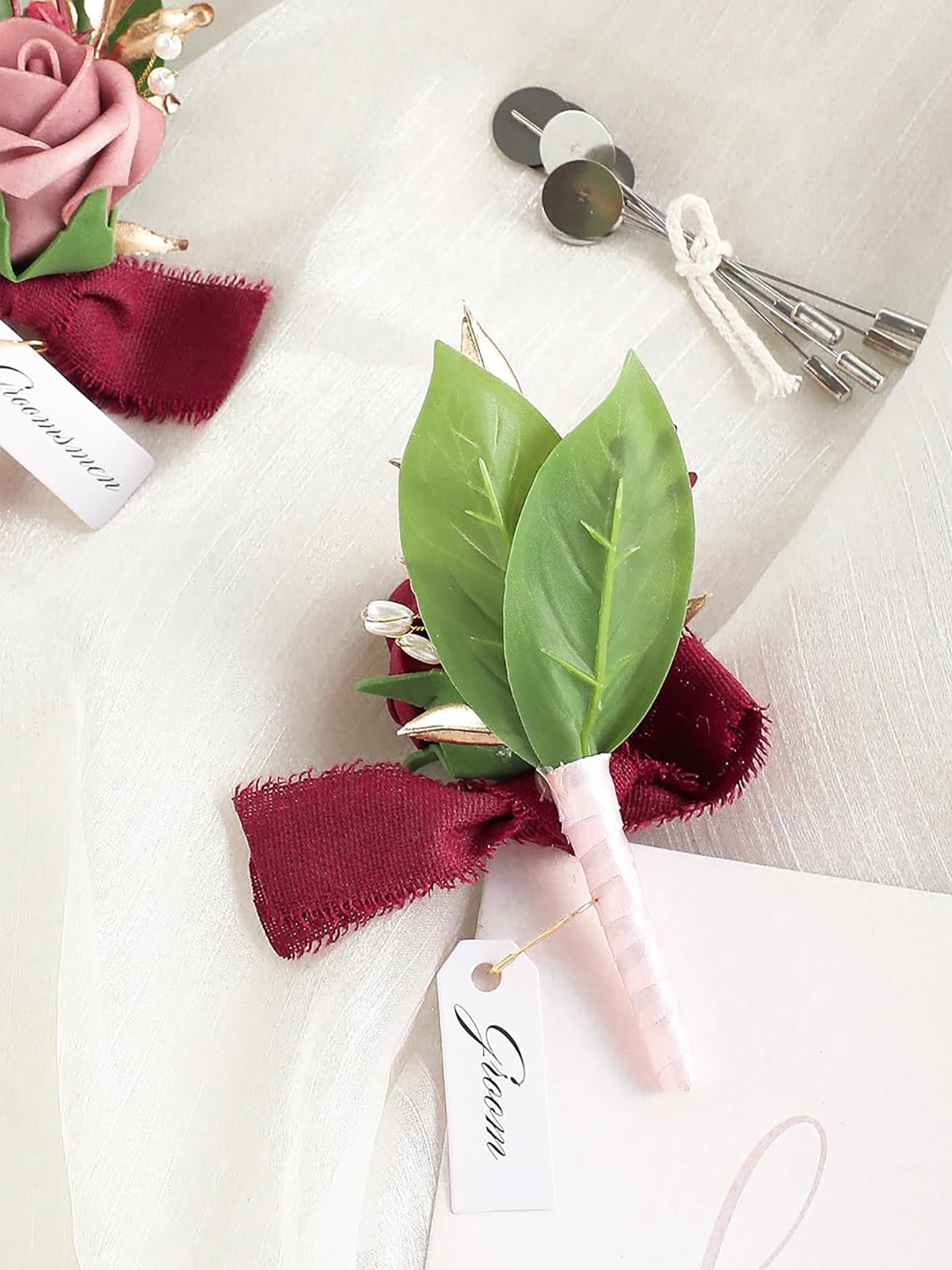 Dusty Rose & Burgundy Foam Rose Boutonnieres Set of 6