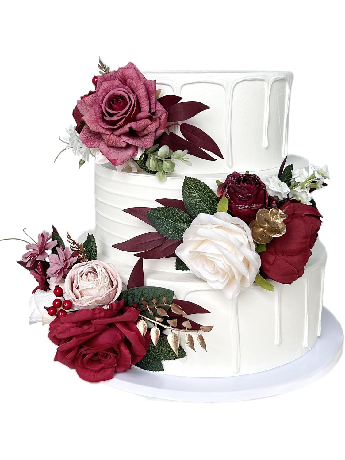Burgundy Gold Silk Flowers For Cakes Wedding Decorations Rose Peony Cake Topper