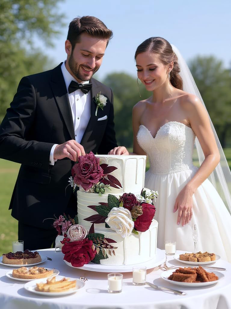 Burgundy Gold Silk Flowers For Cakes Wedding Decorations Rose Peony Cake Topper