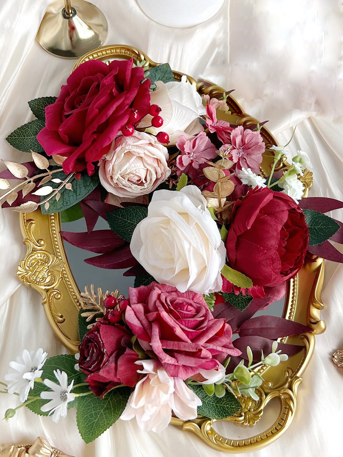 Burgundy Gold Silk Flowers For Cakes Wedding Decorations Rose Peony Cake Topper