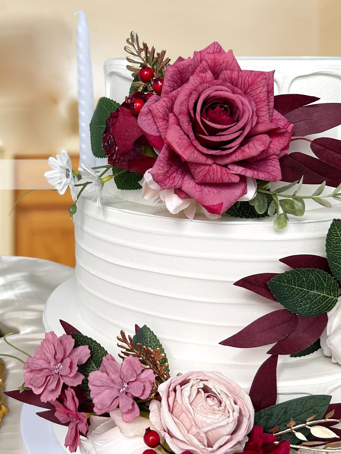 Burgundy Gold Silk Flowers For Cakes Wedding Decorations Rose Peony Cake Topper