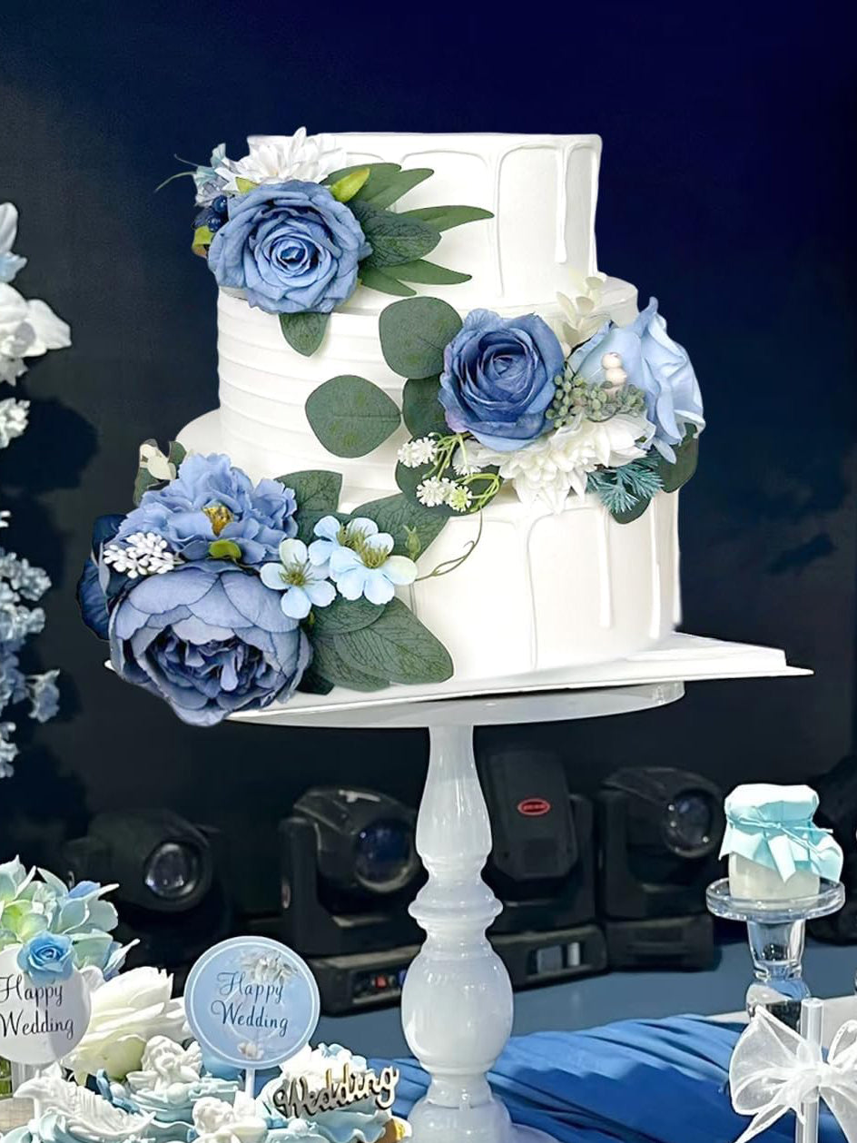Dusty Blue Silk Wedding Cake Toppers Decorating Flowers