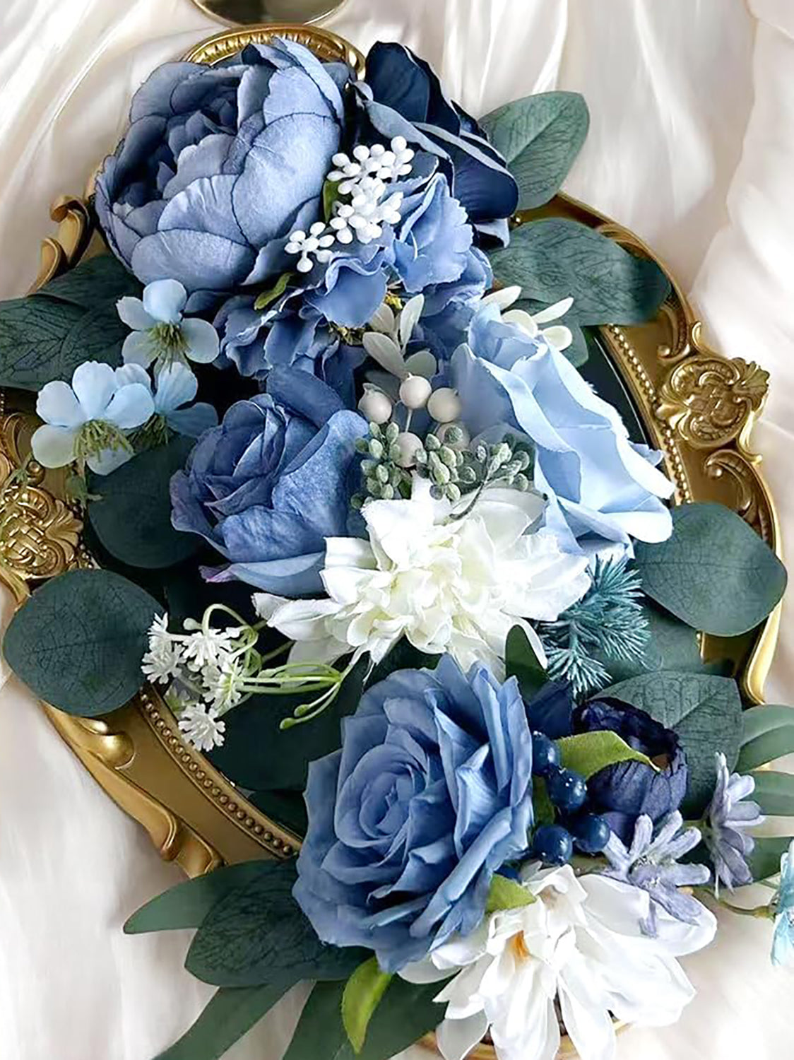 Dusty Blue Silk Wedding Cake Toppers Decorating Flowers