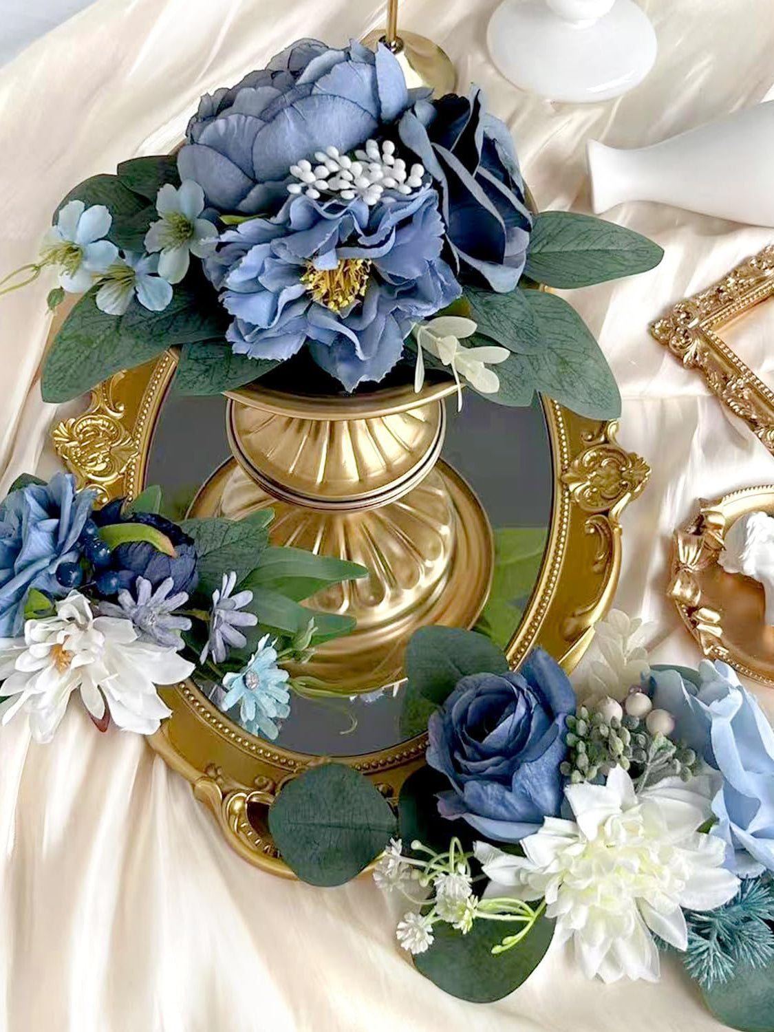 Dusty Blue Silk Wedding Cake Toppers Decorating Flowers