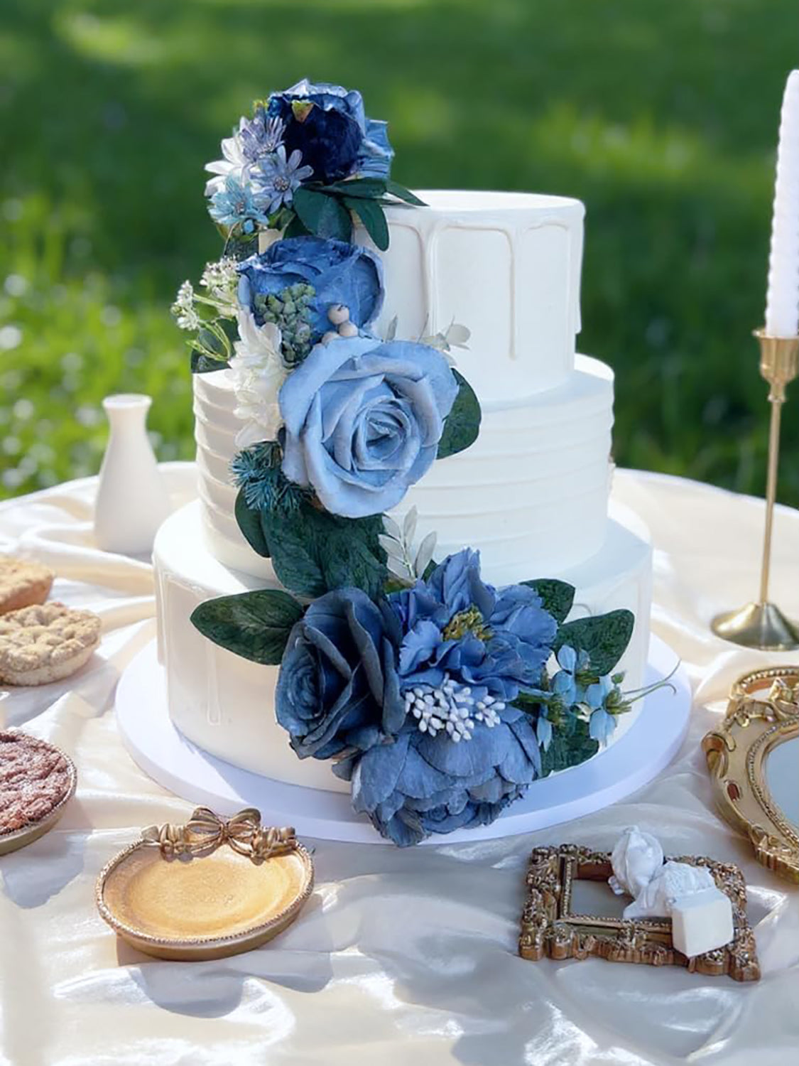 Dusty Blue Silk Wedding Cake Toppers Decorating Flowers