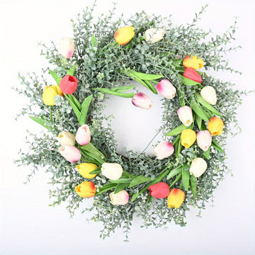 Molioon 22 inch Spring Wreaths for Front Door, Summer Wreath with Tulip Wreath, Vivid Artificial Floral Wreath for Wall Window Farmhouse Party Holiday Home Décor