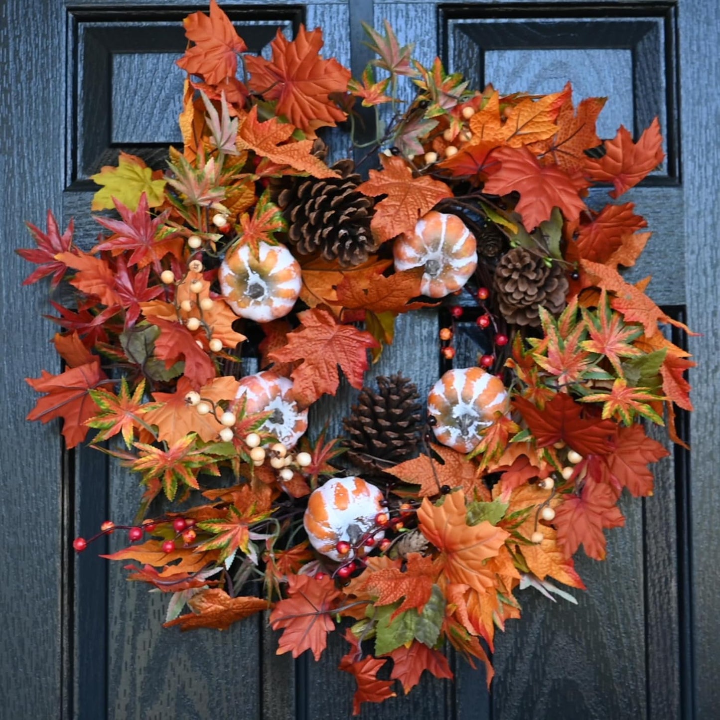 Fall Wreaths for Front Door,24 Inch Autumn Large Pumbkin Wreath with Berry