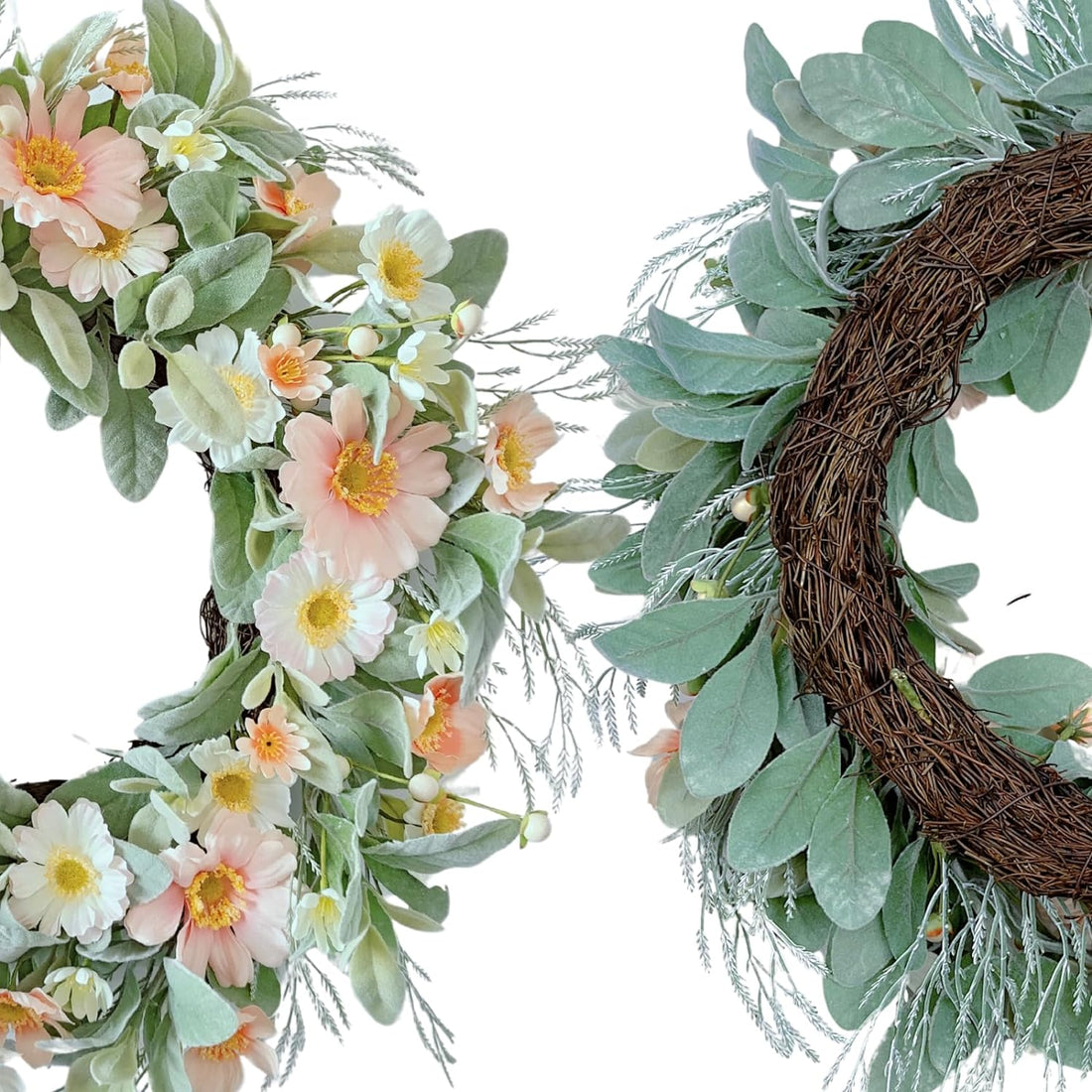22 inch Spring Summer Wreath for Front Door Flocked Artificial Lambs Ear Wreath with Vibrant Silk Flowers and Green Leaves