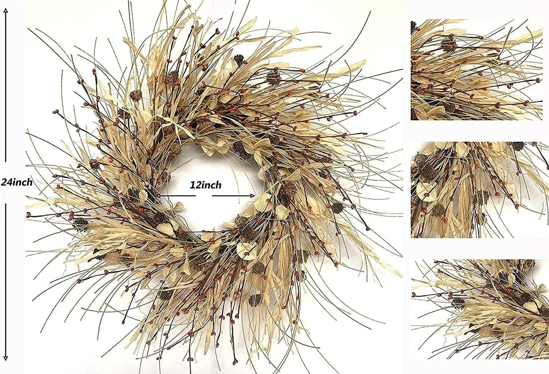 24" Raffia Fall Harvest Wreath with Eucalyptus, Berries, Pinecones