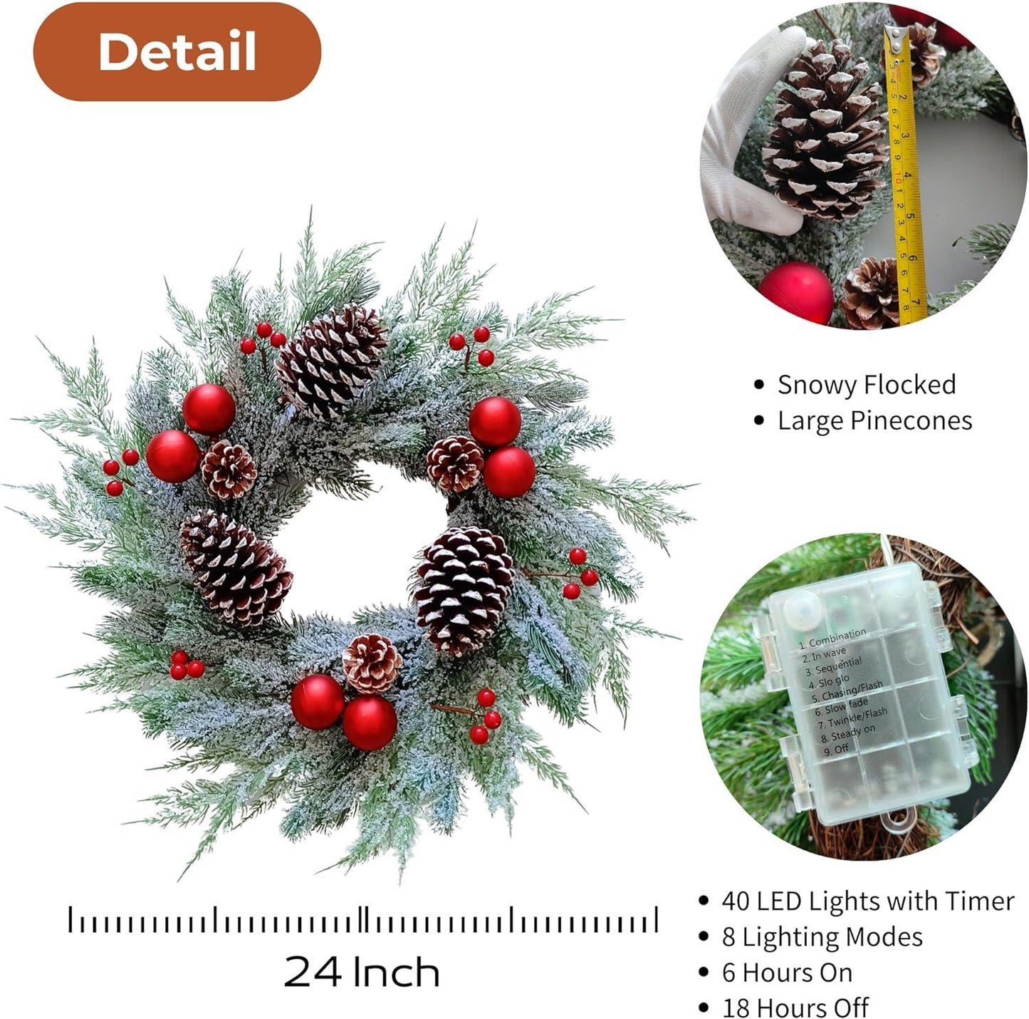 24 Inch PreLit Christmas Wreaths for Front Door with Large Pinecones Battery Operated 40 LED Lights