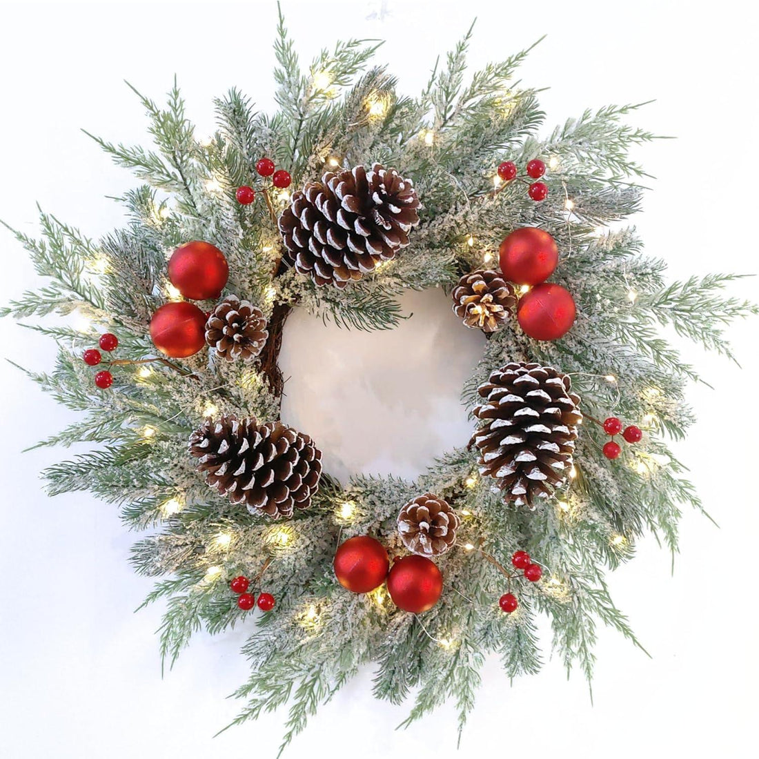 24 Inch PreLit Christmas Wreaths for Front Door with Large Pinecones BLarge Pinecones Battery Operated 40 LED Lights
