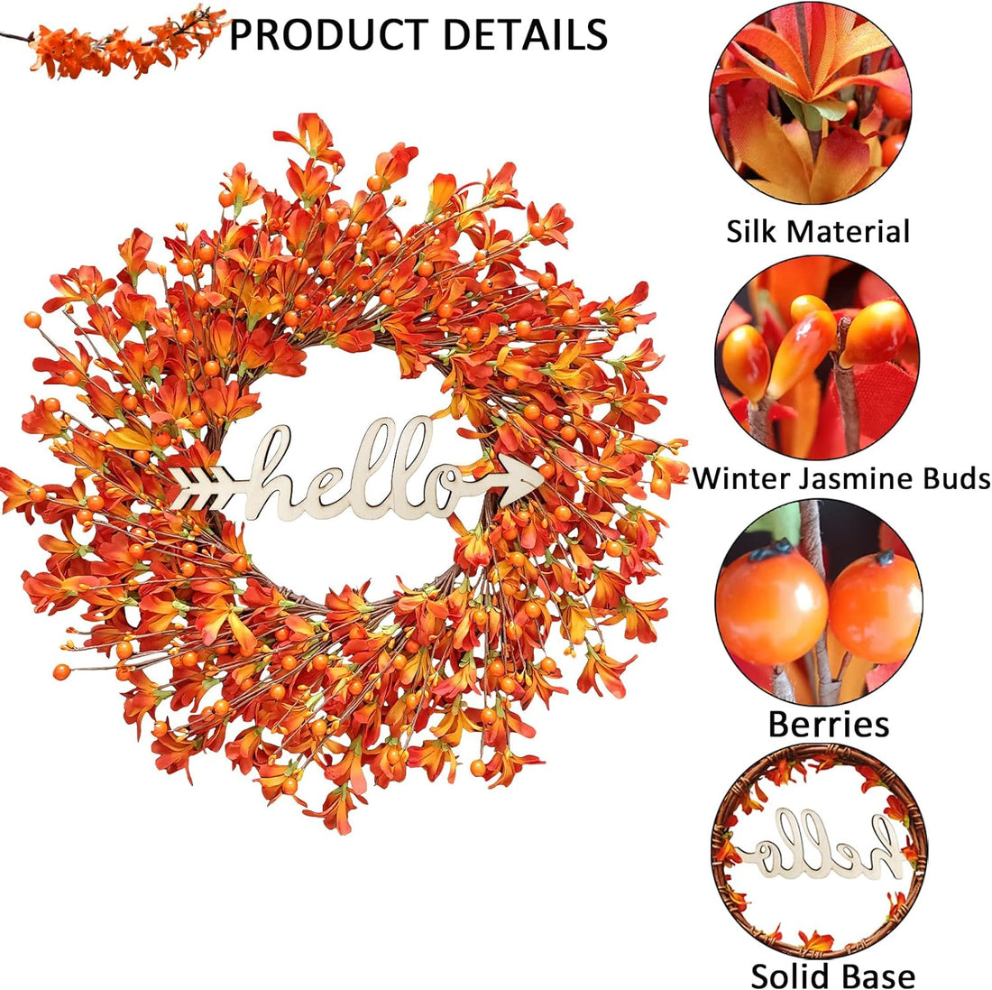 Fall Wreaths for Front Door, TOKCARE 22 Inch Orange Forsythia Outdoor Door Wreath with Berries Garland Autumn Wreath