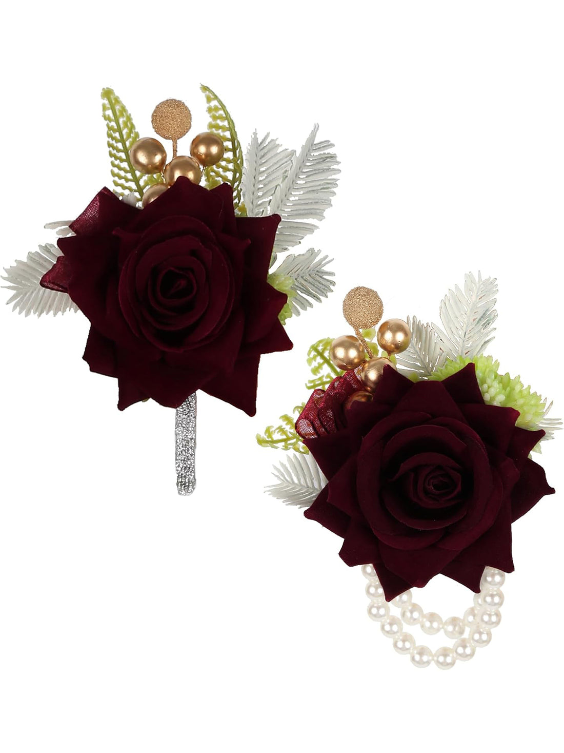 Burgundy Rose Corsage and Boutonniere Set for Wedding 2 Pieces