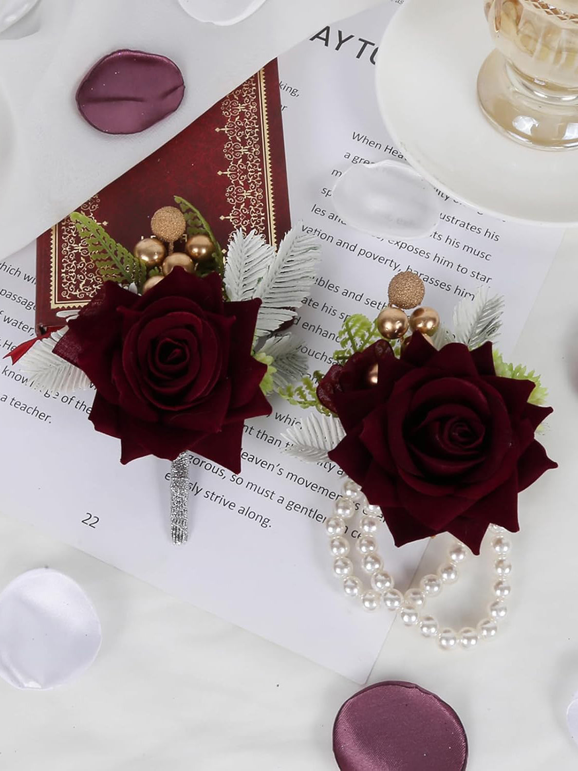 Burgundy Rose Corsage and Boutonniere Set for Wedding 2 Pieces